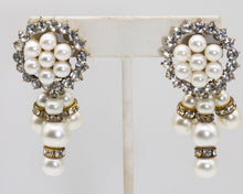 Load image into Gallery viewer, Vintage Signed DeMario Faux Pearl and Rhinestone Clip Earrings  - JD11186