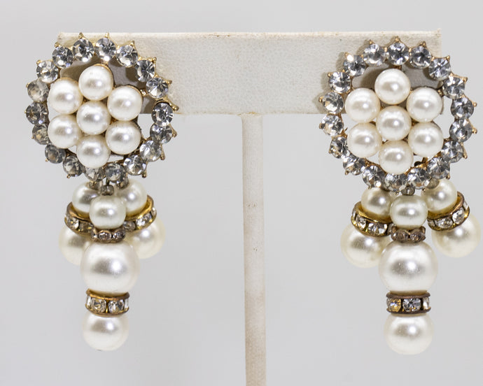 Vintage Signed DeMario Faux Pearl and Rhinestone Clip Earrings  - JD11186