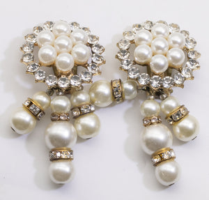 Vintage Signed DeMario Faux Pearl and Rhinestone Clip Earrings  - JD11186