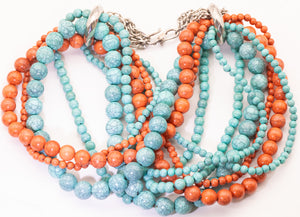 Vintage Faux Turquoise & Coral Multi-Strand Necklace - JD11187