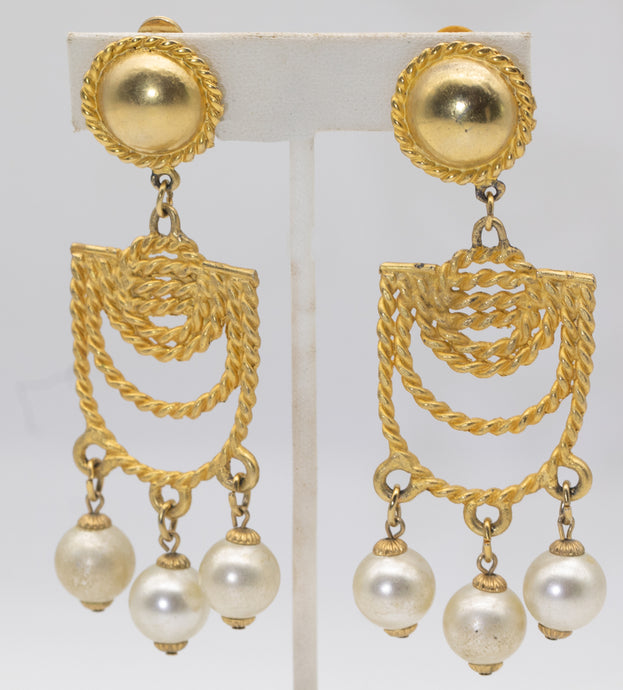 Vintage Gold Tone and 3 Pearl Chandelier Clip Earrings  - JD11190