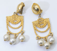 Load image into Gallery viewer, Vintage Gold Tone and 3 Pearl Chandelier Clip Earrings  - JD11190