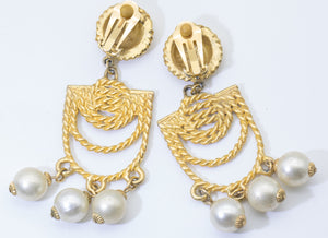 Vintage Gold Tone and 3 Pearl Chandelier Clip Earrings  - JD11190