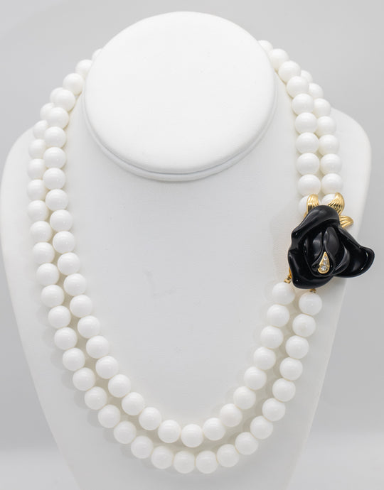 Signed K.J.L. for Avon Black Flower with White Beads Necklace  - JD11197