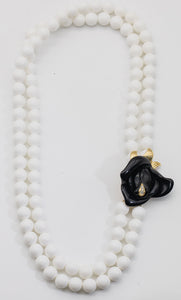 Signed K.J.L. for Avon Black Flower with White Beads Necklace  - JD11197