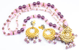 Signed Miriam Haskell Pink & Lavender Glass Necklace and Drop Earrings    - JD11170