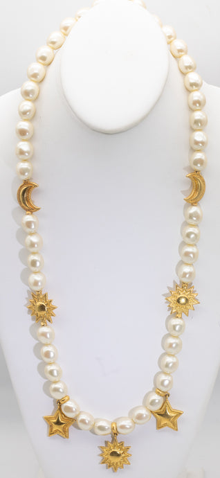 Signed Sung Sun, Moon & Stars Faux Pearl Necklace - JD11212