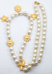 Signed Sung Sun, Moon & Stars Faux Pearl Necklace - JD11212
