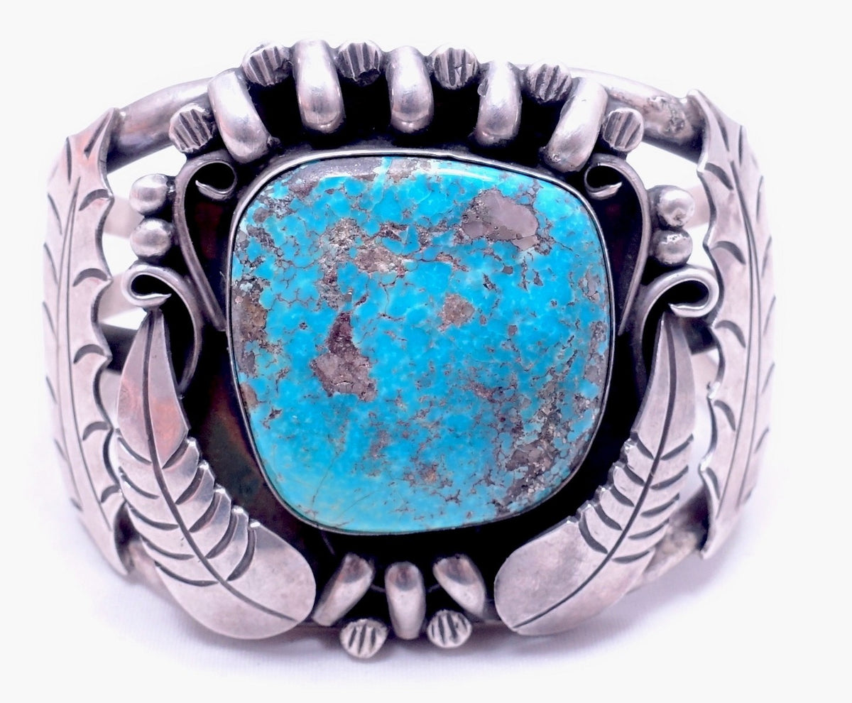 Large Navajo Signed “JP” Turquoise & Sterling Silver Cuff – Connie 