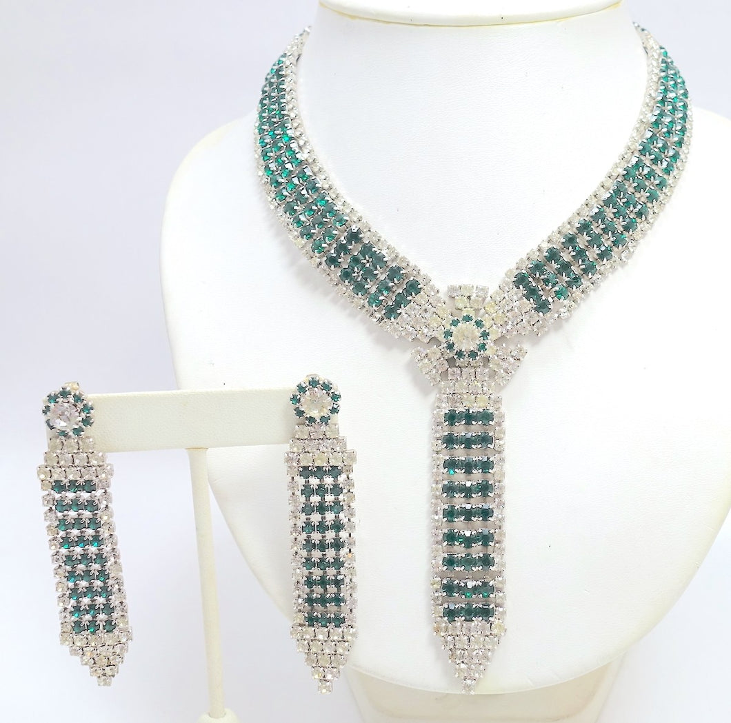 Vintage 1950's Green & Clear Crystals Necklace & Earrings