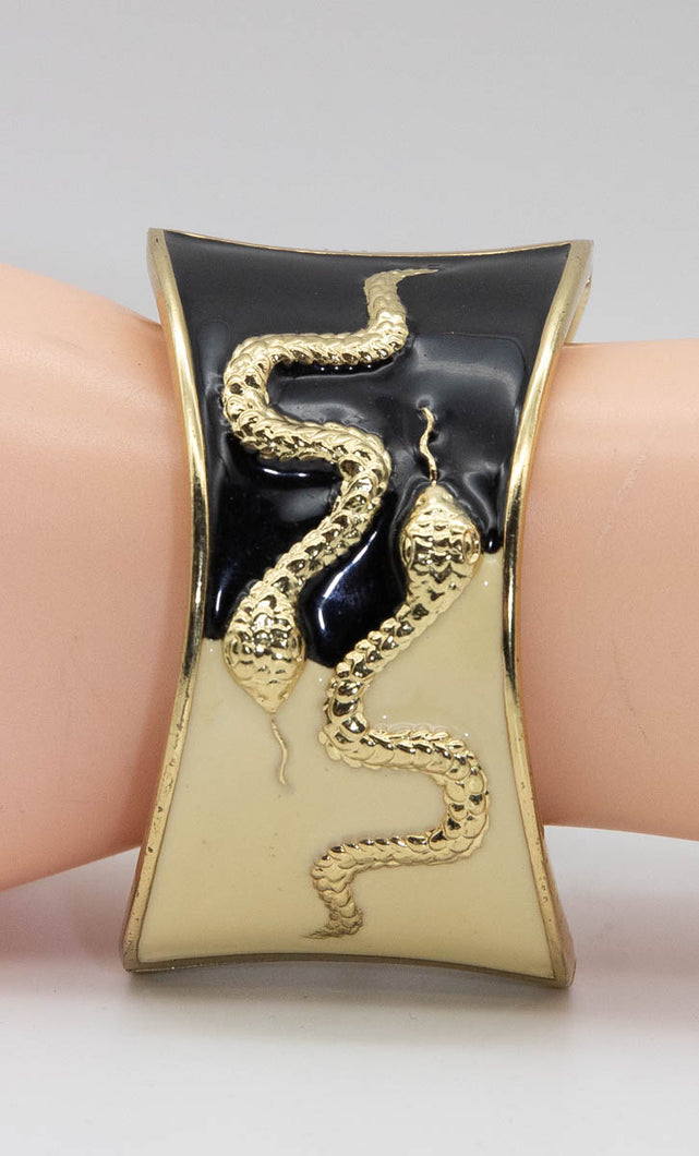 Vintage Cream and Black Enameled Clamper Bracelet with Adoring Snakes TMS   - JD10968 SOLD OUT