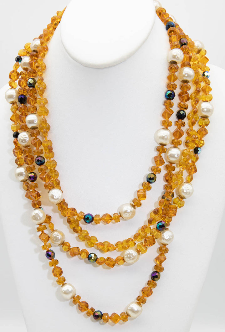Vintage Signed Vogue Amber Light Beads Necklace  - JD10838