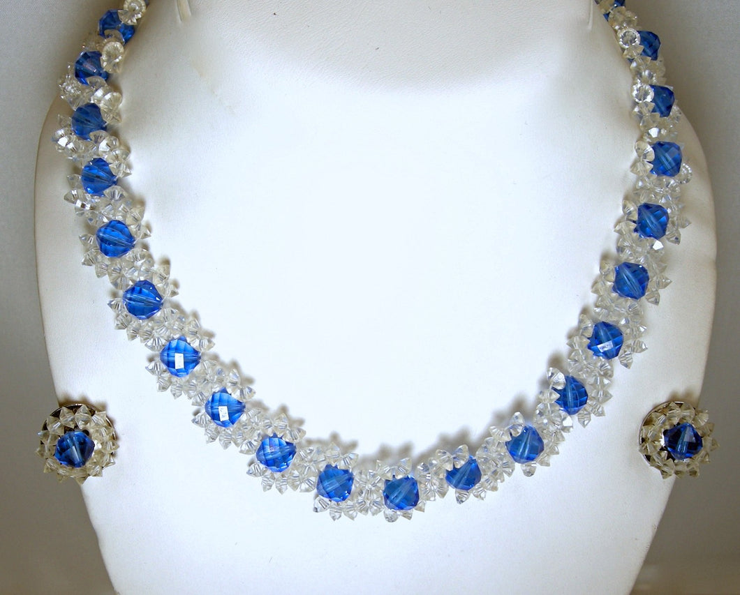 Vintage 1940s Blue & Clear Glass Floral Necklace & Earrings