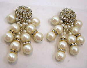 Vintage Signed DeMario Faux Pearls & Crystal Drop Earrings