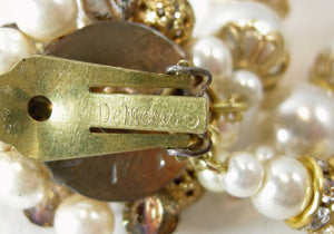 Vintage Signed DeMario Faux Pearls & Crystal Drop Earrings