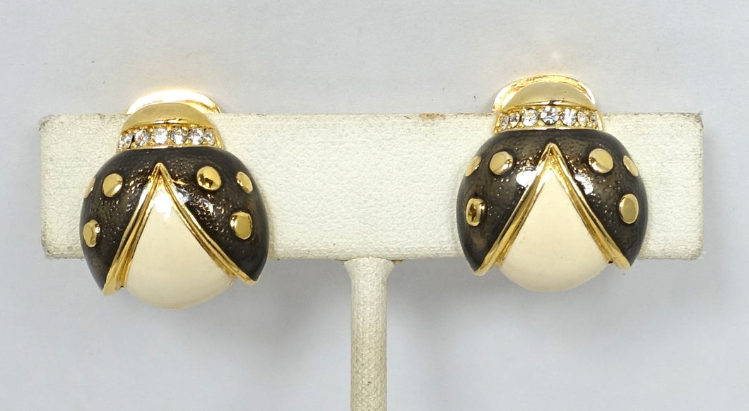 Vintage Enamel & Crystal Ladybug Earrings