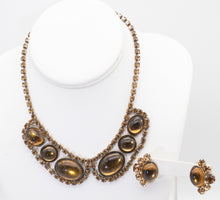 Load image into Gallery viewer, Vintage 1950s Amber Colored Rhinestone Necklace &amp; Clip Earrings Set  - JD11224