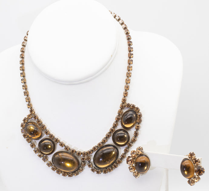Vintage 1950s Amber Colored Rhinestone Necklace & Clip Earrings Set  - JD11224