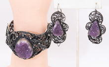 Load image into Gallery viewer, Vintage Druzy Amethyst Silver Plated Bracelet and Earring Set - JD11260