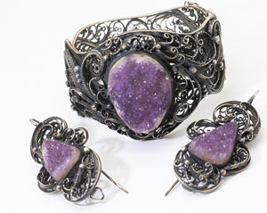 Vintage Druzy Amethyst Silver Plated Bracelet and Earring Set - JD11260