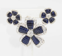 Load image into Gallery viewer, Vintage Signed Avon Dark Blue and Rhinestone Floral Brooch and Earring Set  - JD11059