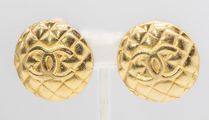 Signed Vintage Chanel Double C Quilted Clamp Earrings   - JD11254