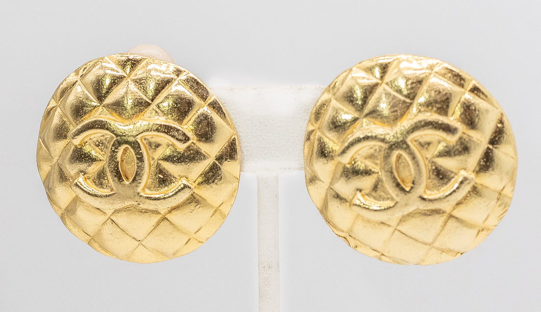 Signed Vintage Chanel Double C Quilted Clamp Earrings   - JD11254