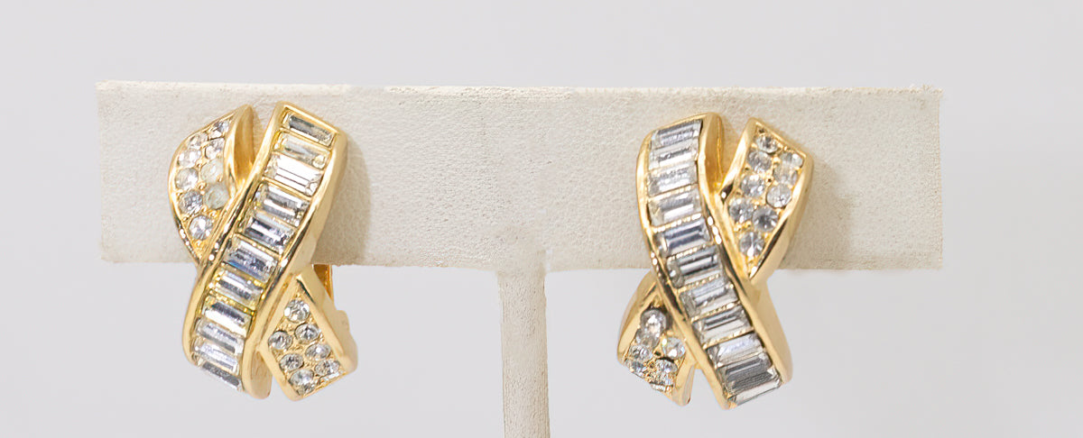 Signed Christian Dior Rhinestone and Gold Tone Clip Earrings