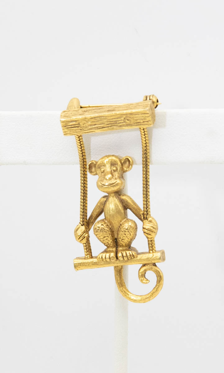 Vintage Signed Danecraft Gold Tone Monkey & Swing Brooch  - JD11047