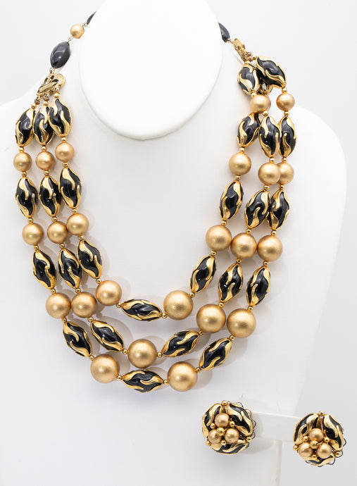 Signed Vintage Deauville Black & Gold Beaded Necklace & Earring Set - JD11237