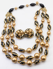 Load image into Gallery viewer, Signed Vintage Deauville Black &amp; Gold Beaded Necklace &amp; Earring Set - JD11237