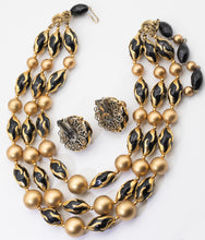 Load image into Gallery viewer, Signed Vintage Deauville Black &amp; Gold Beaded Necklace &amp; Earring Set - JD11237