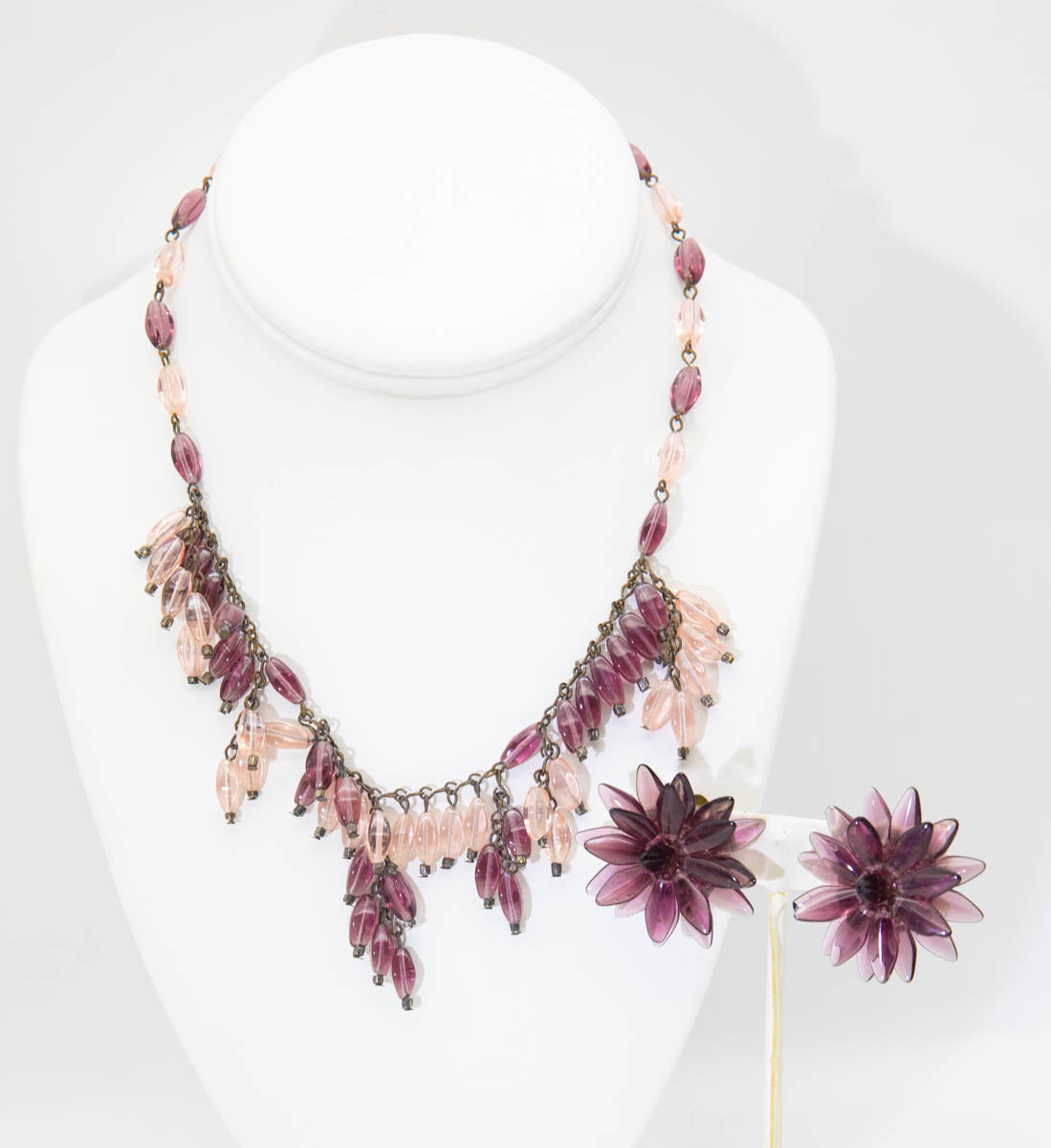 Vintage on sale Pink Glass Necklace & Earrings Set