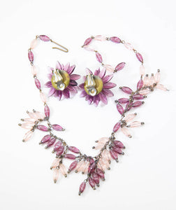 Vintage Pale Pink Amethyst Glass Necklace and Earrings Set - JD11078