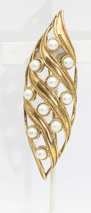Vintage Pointed Ellipse Gold Tone and Faux Pearl Brooch  - JD11048
