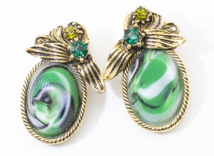 Vintage Green Glass Clip-On Earrings - JD11289