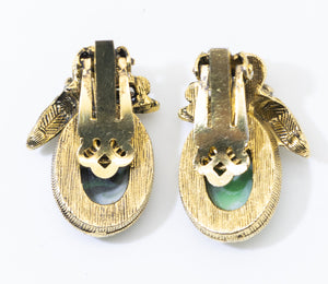 Vintage Green Glass Clip-On Earrings - JD11289