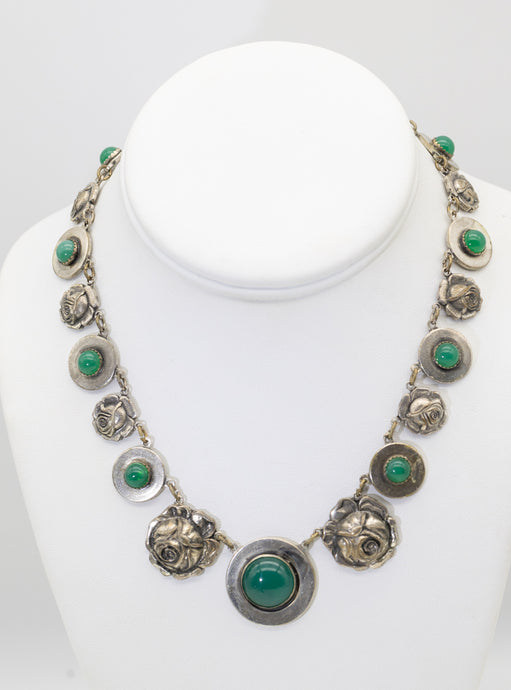 Vintage Faux Silver Necklace with Green Stones  - JD11288