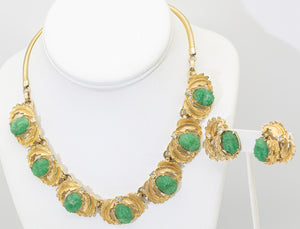 Vintage Hobé Carved Jadeite Stone Necklace and Earrings Set - JD11306