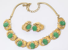 Load image into Gallery viewer, Vintage Hobé Carved Jadeite Stone Necklace and Earrings Set - JD11306