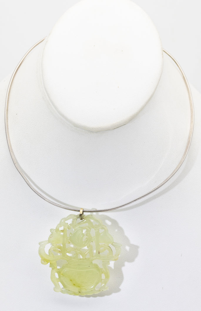 Vintage Jade Carved Basket Pendant on Sterling Silver Collar  - JD11304