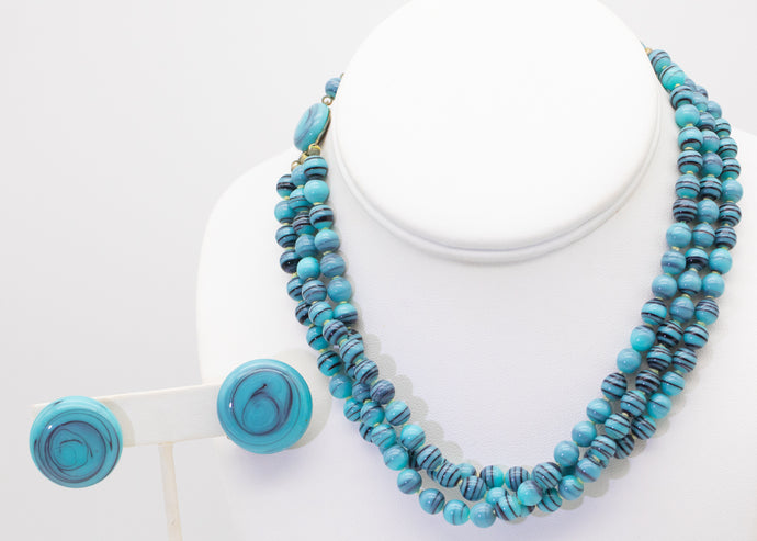 Rare Turquoise Glass Beaded 1930s Necklace and Earring Set - JD11234