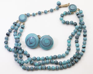 Rare Turquoise Glass Beaded 1930s Necklace and Earring Set - JD11234