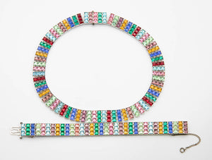 Vintage Signed Joseph Weisner Colorful Rhinestone Necklace & Bracelet Set  - JD11075