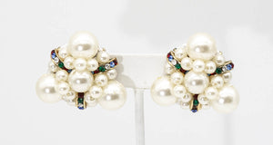 Vintage Cluster Pearl and Multi-Color Rhinestone Clip Earrings - JD11102