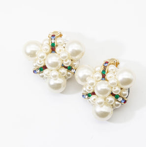 Vintage Cluster Pearl and Multi-Color Rhinestone Clip Earrings - JD11102
