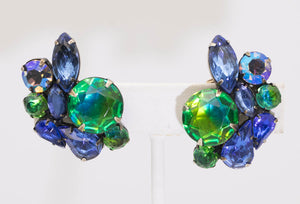 Vintage Signed Kramer Rhinestone Blue Green Clip Earrings - JD11137 - SOLD OUT