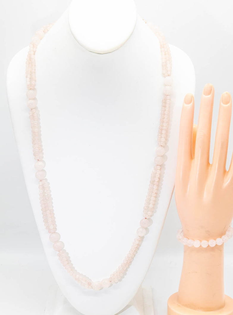 Vintage Pink Quartz Bead Necklace and Bracelet Set - JD11088