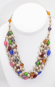 Vintage Six Strand Multi Colored Brass and Faux Pearl Necklace - JD11130