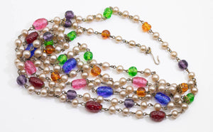 Vintage Six Strand Multi Colored Brass and Faux Pearl Necklace - JD11130